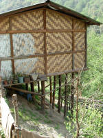 Bamboo slat house built on a slope