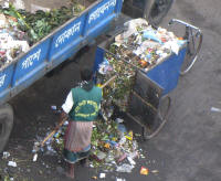 Transporting garbage to the collection point across from the hotel