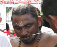 Many devotees carrying Kavadis alsohad their cheeks pierced