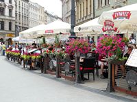 Colourful restaurants surround the square